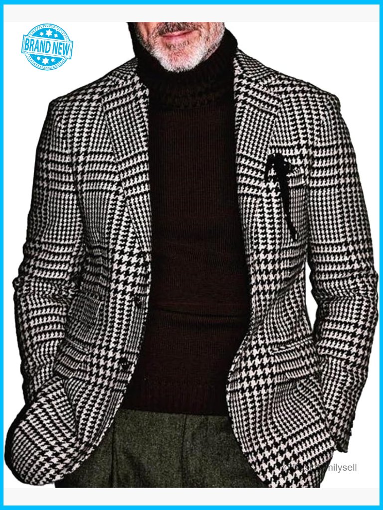 Slim Fit Houndstooth Plaid Blazer Notched Lapel Single Breasted Sport Coat